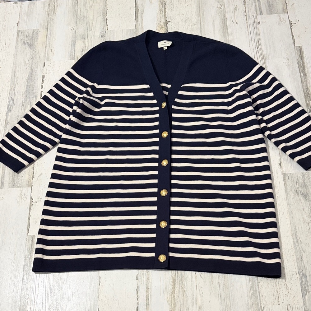 Tuckernuck Navy and White Striped Knit Liv Cardigan Size XXL - Picture 2 of 10